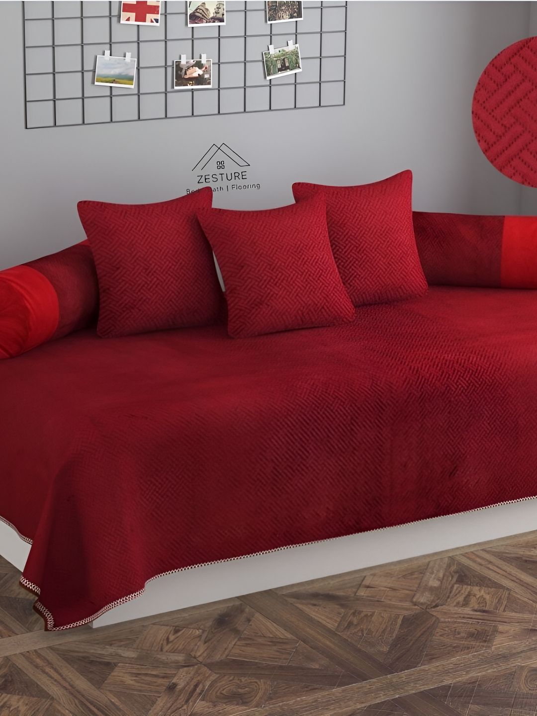 ZESTURE Maroon 6 Pieces Self Design Diwan Set