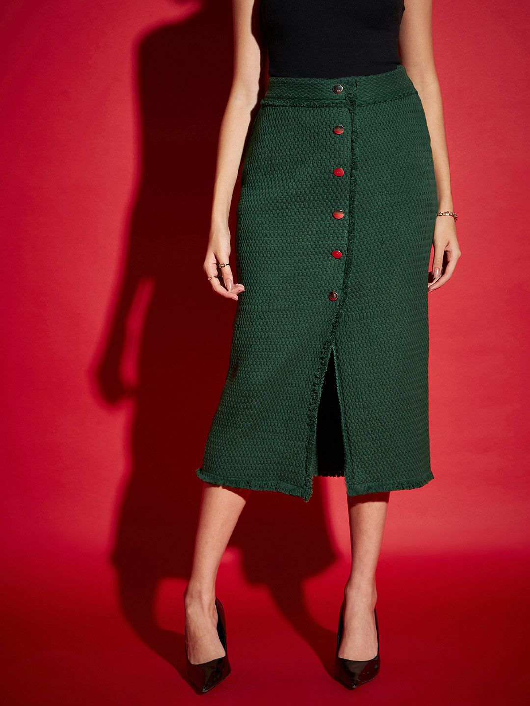 SASSAFRAS Green Self Design Front Button Pure Cotton Midi Straight Skirt Price in India
