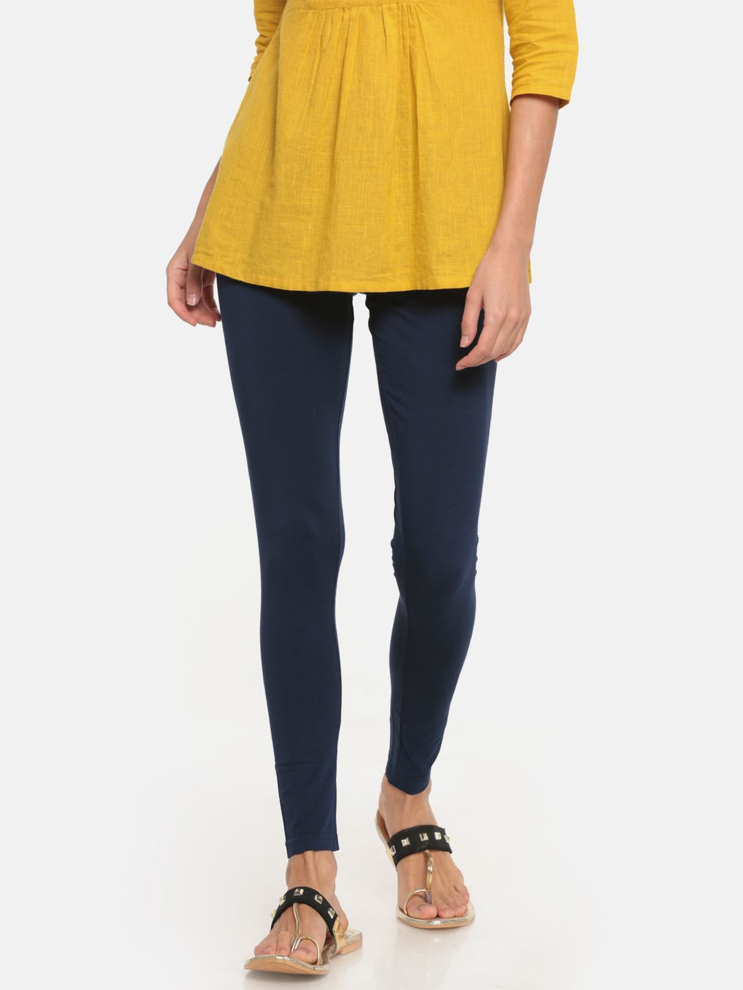 Go Colors Women Navy Blue Solid Ankle-Length Leggings Price in India