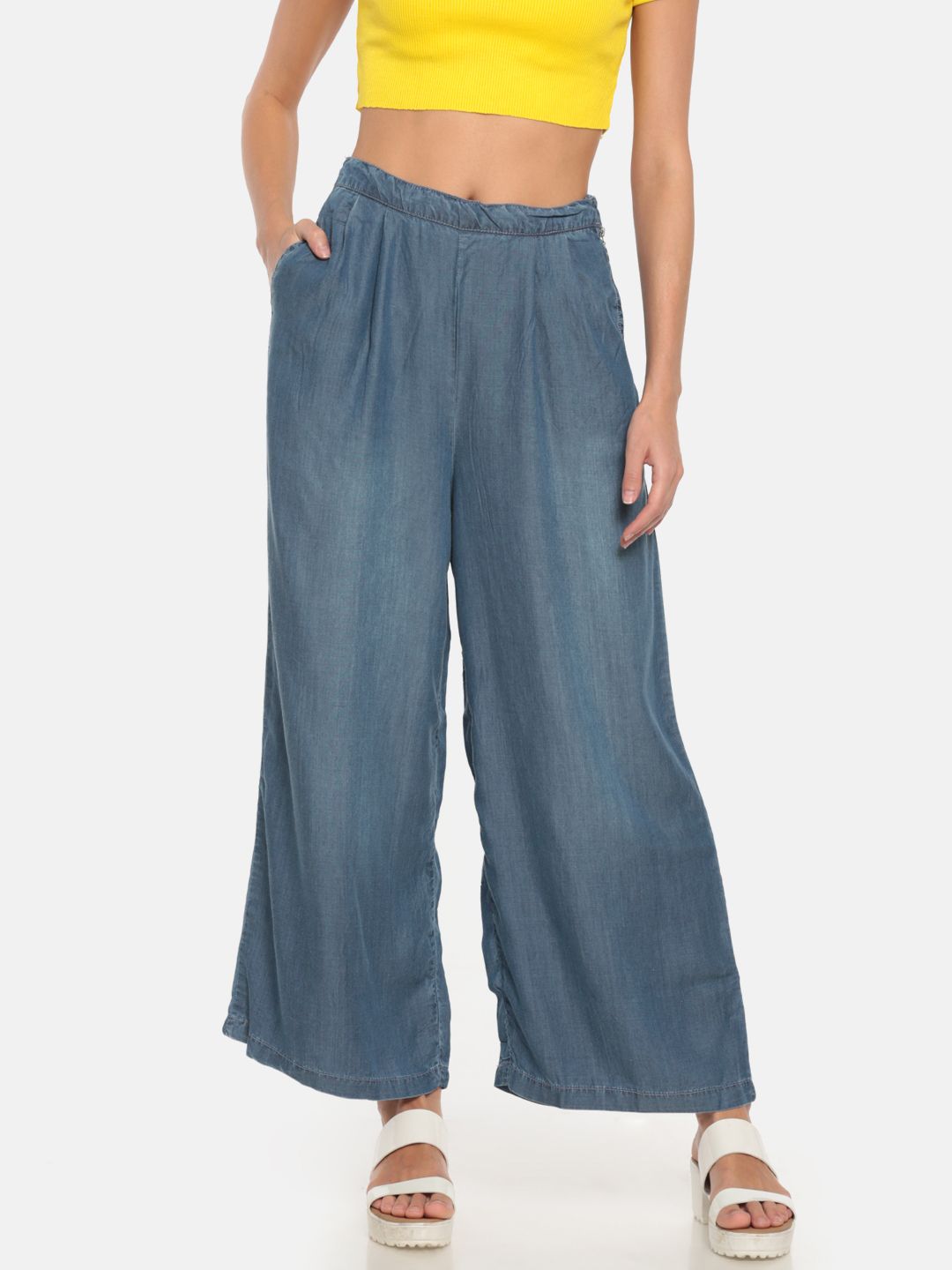 Go Colors Women Blue Solid Denim Wide Leg Palazzos