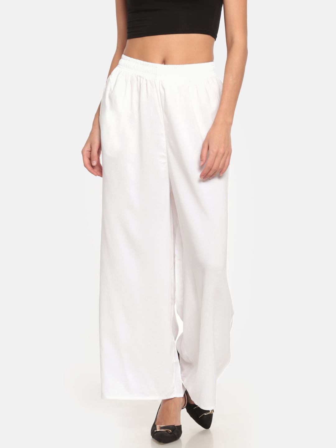 Go Colors Women White Solid Straight Palazzos Price in India