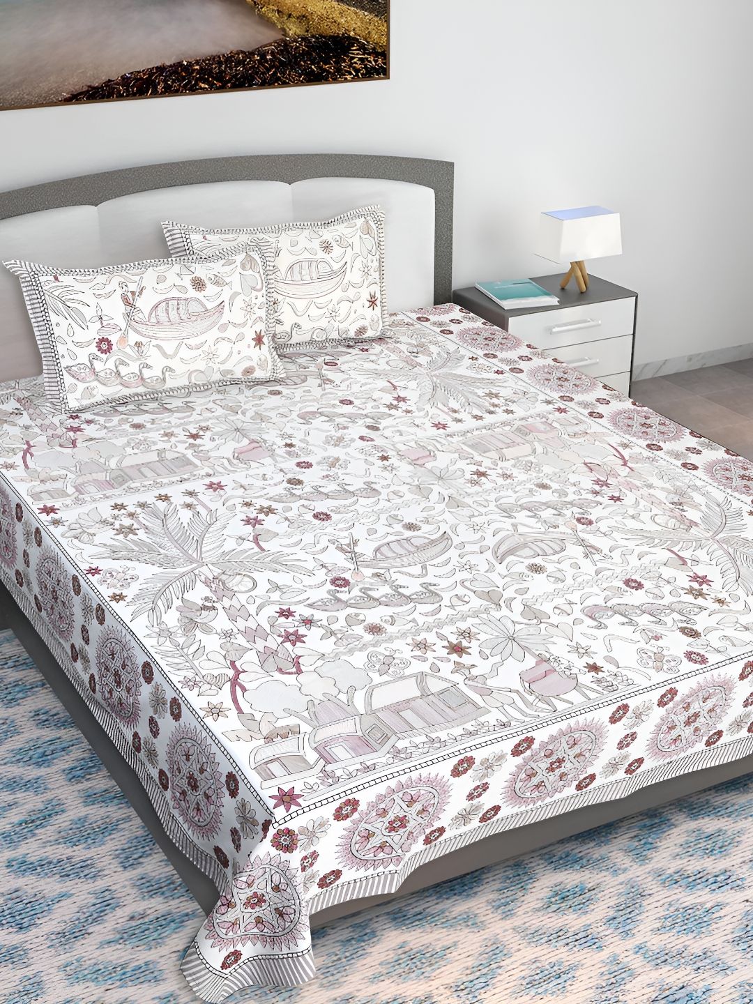 Texstylers Kantha Brown Conversational Cotton 210 TC King Fine Bedsheet with 2 Pillow Covers-106 x 106 inches