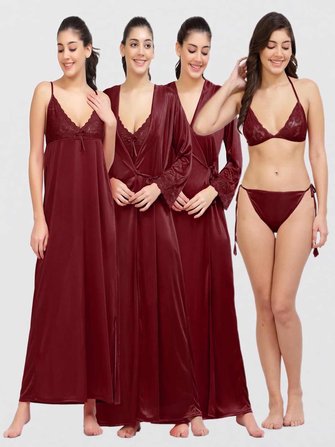 NIGHT KEYS NIGHT KEYS Pack Of 4 Satin Nightdress WIth Robe