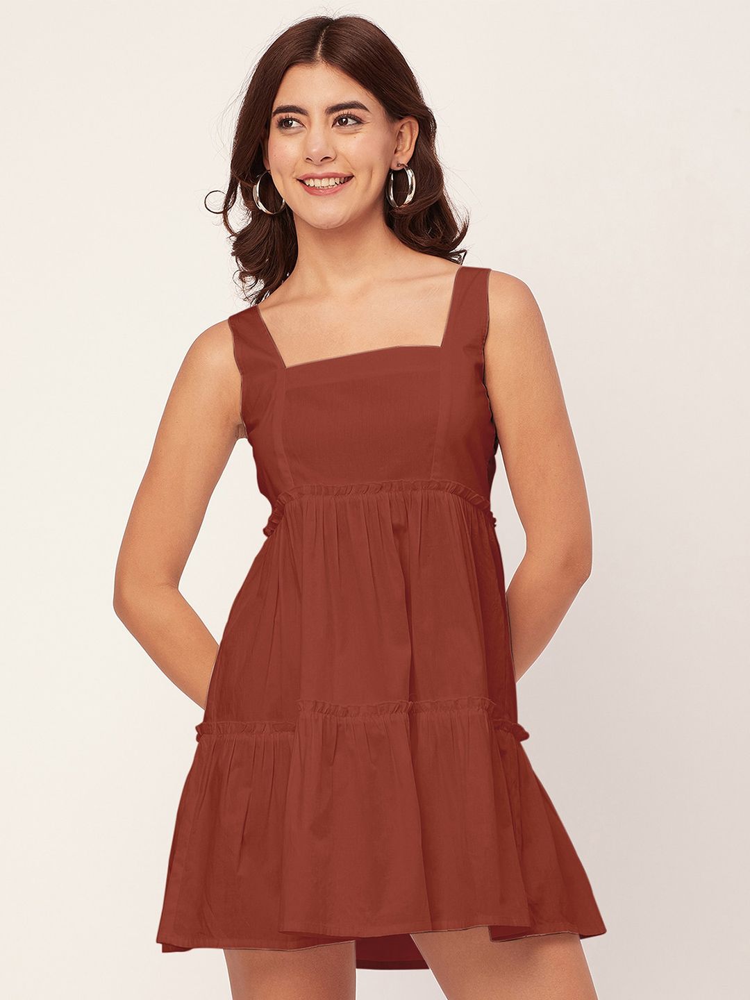 Moomaya Square Neck Sleeveless Cotton Tiered Fit & Flare Mini Dress Price in India