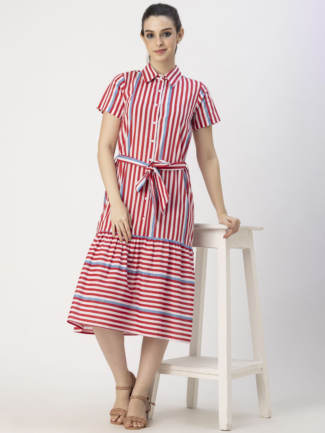 Moomaya Striped Cotton Flared Shirt Midi Dress Price in India
