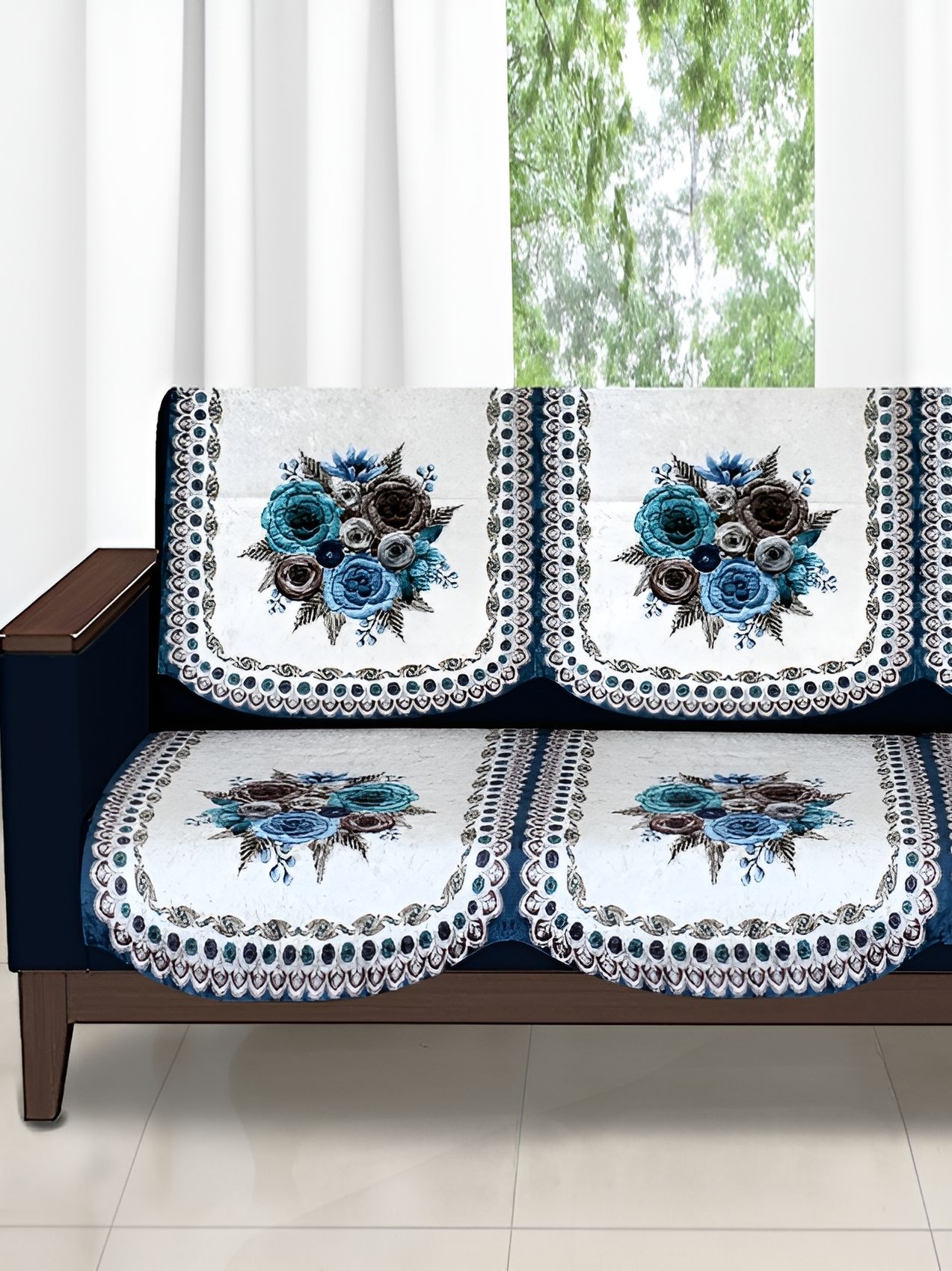 Stylista Blue Floral Velvet Washable 6PC Straight 3 Seater Sofa Cover-68x29In
