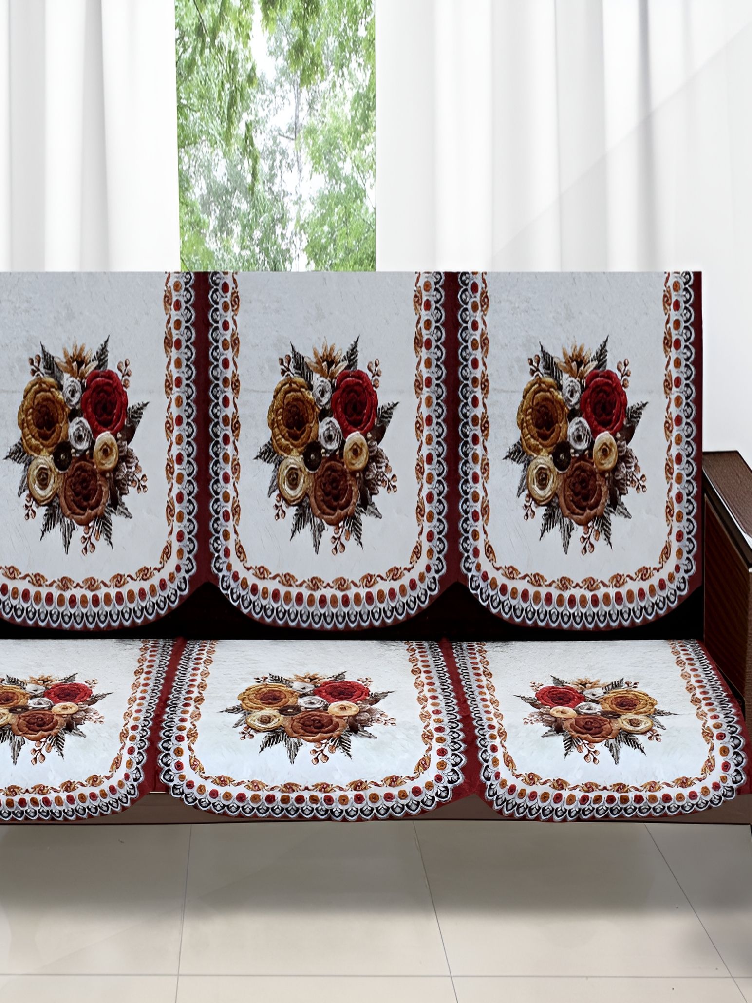 Stylista Star Print Red Floral Velvet Washable 6PC Straight 3 Seater Sofa Cover-68x29In