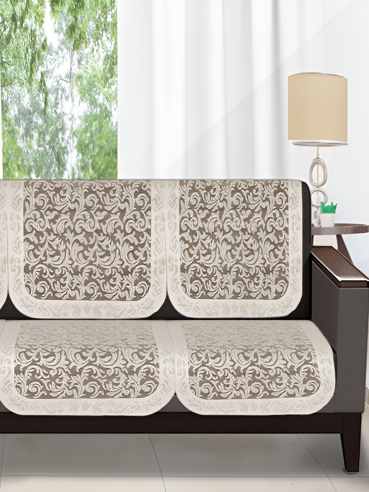Stylista Stylista Floral Off White Cotton Washable 6PC Straight 3 Seater Sofa Cover-68x29In