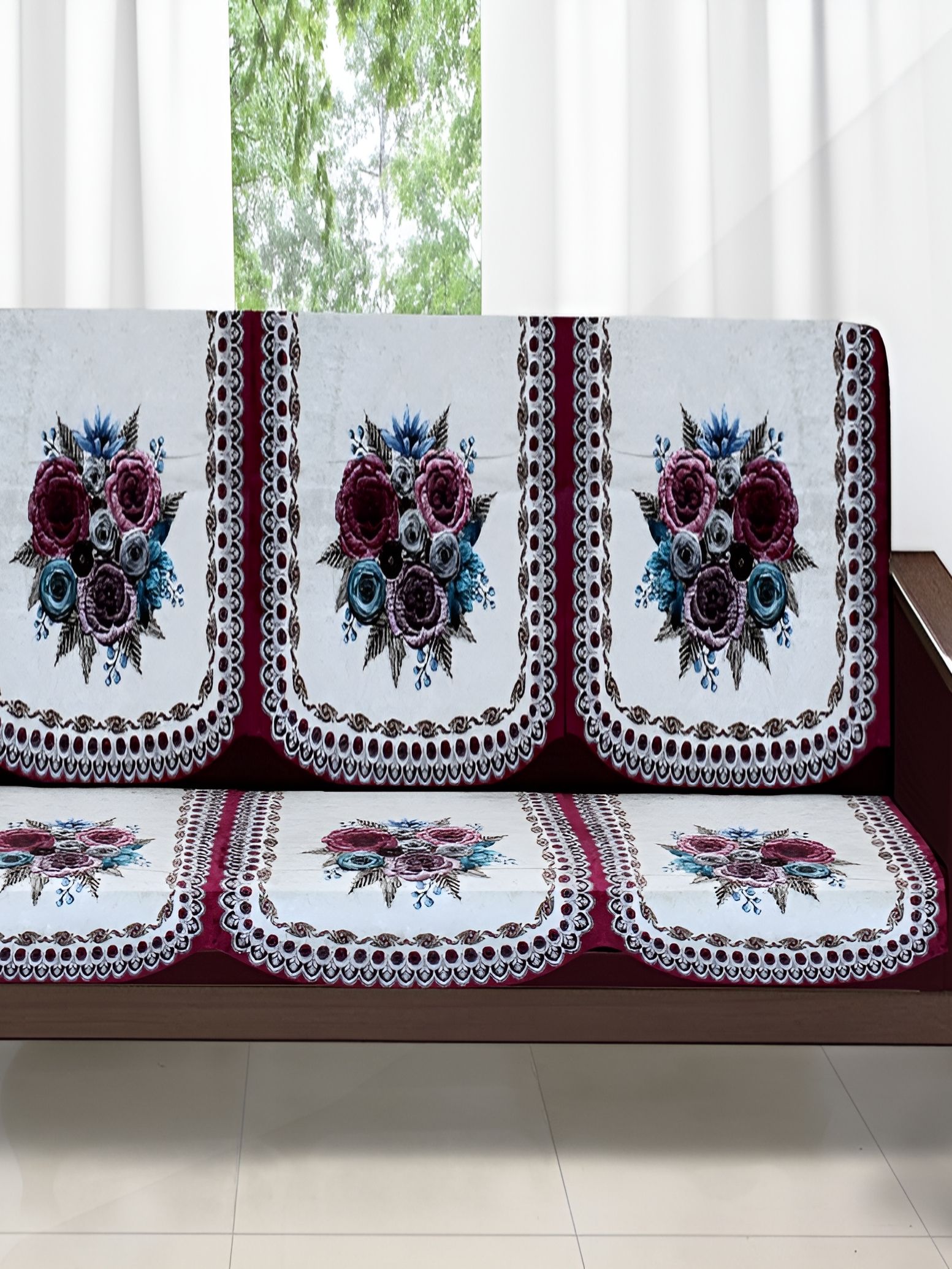 Stylista Pink Floral Velvet Washable 6PC Straight 3 Seater Sofa Cover-68x29In