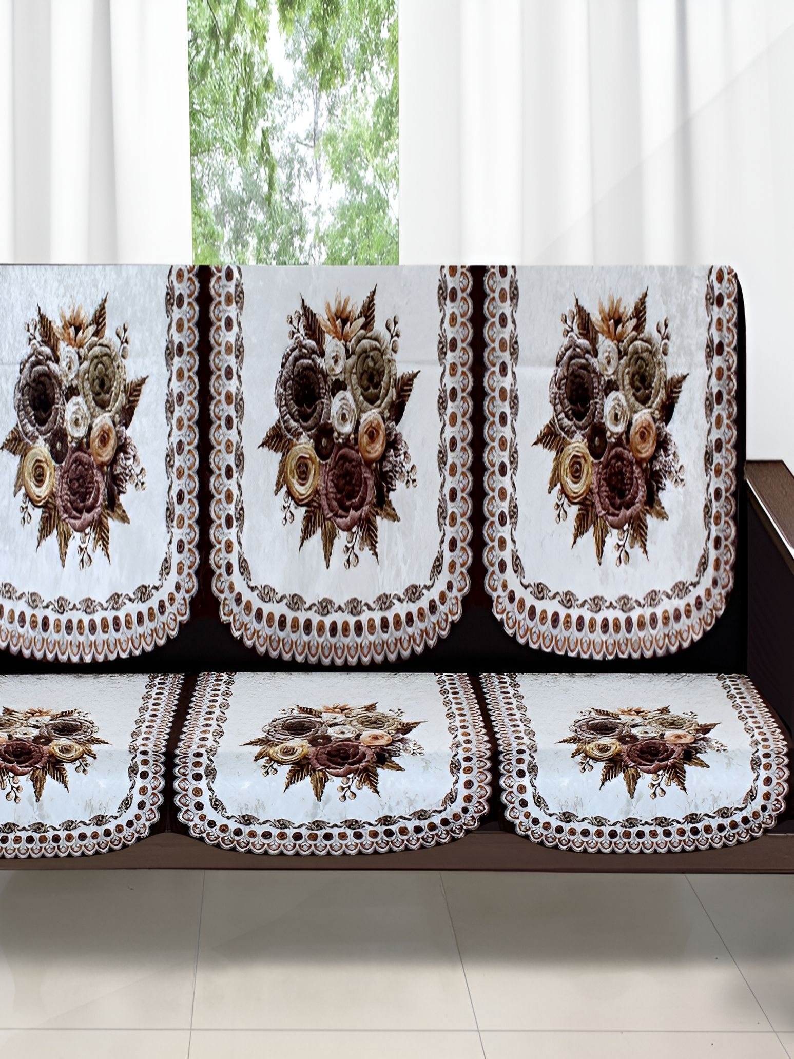 Stylista Durable Net Brown Floral Velvet Washable 6PC Straight 3 Seater Sofa Cover-68x29In
