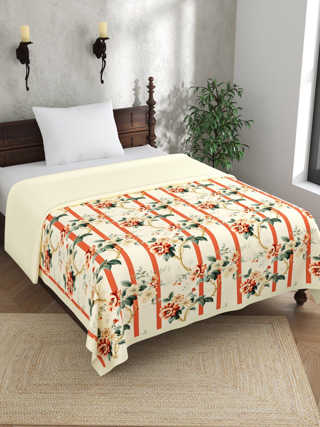EverHOME Cream & Red Floral AC Room 120 GSM Single Bed Dohar