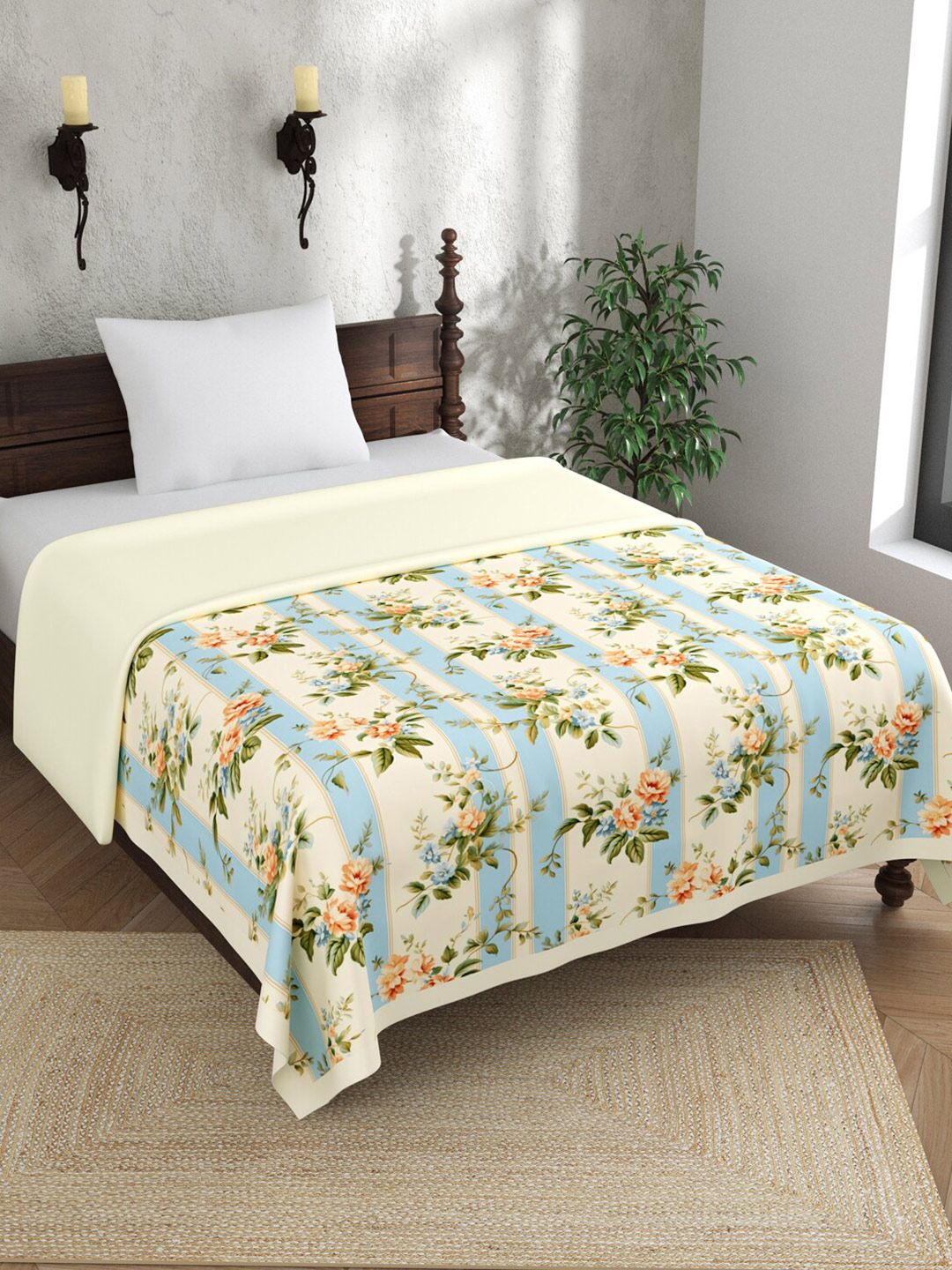 EverHOME Blue & Cream Floral AC Room 120 GSM Single Bed Dohar