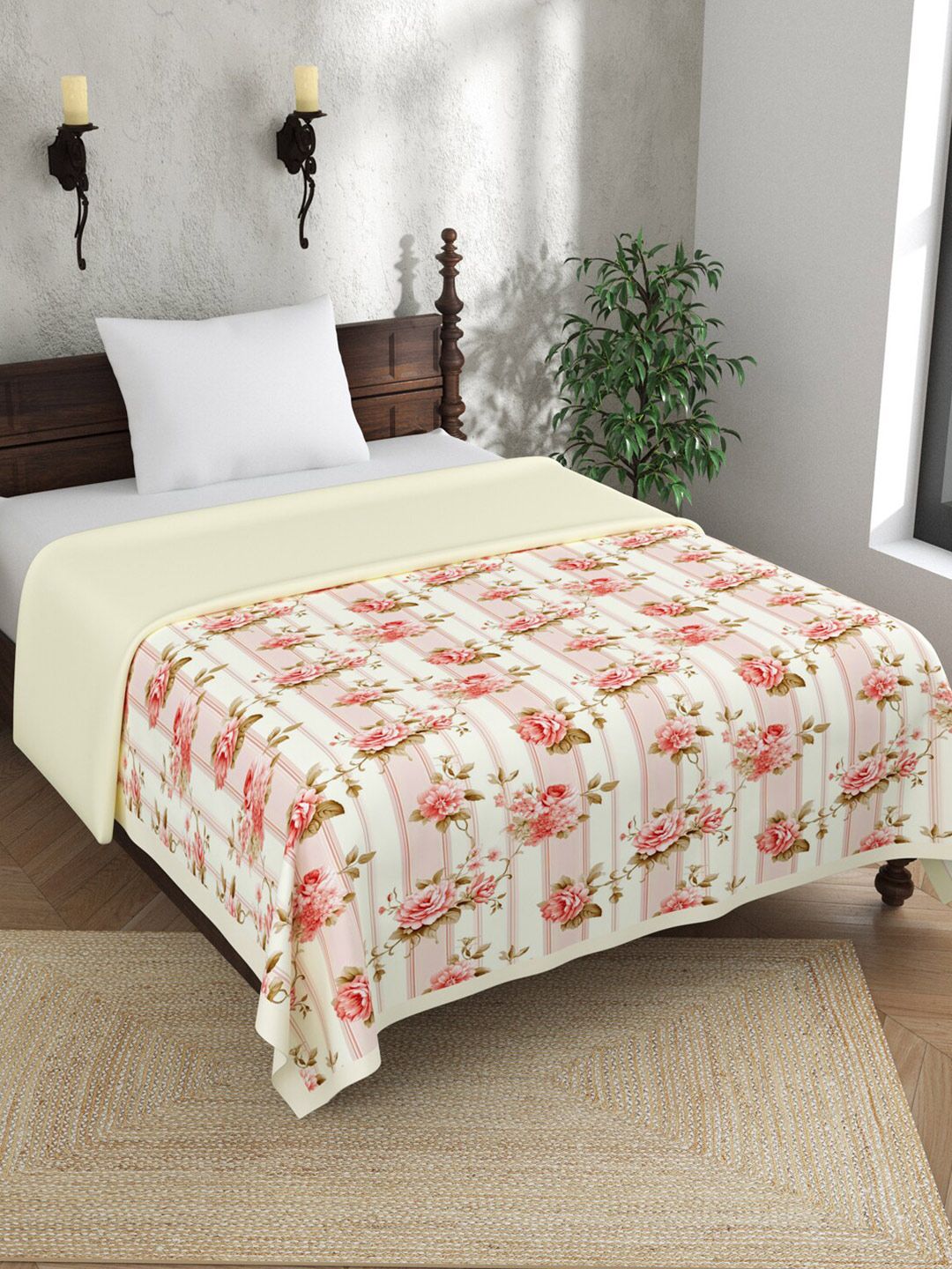 EverHOME Pink & Brown Floral Printed AC Room 120 GSM Cotton Single Bed Dohar