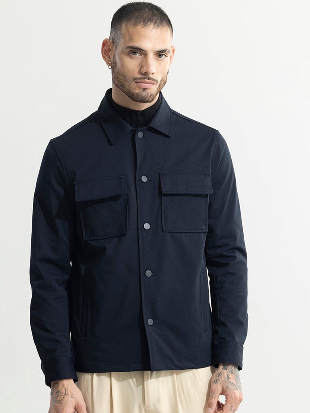 Navy Blue Spread Collar Cotton Tailored Jacket Offers & Cashback