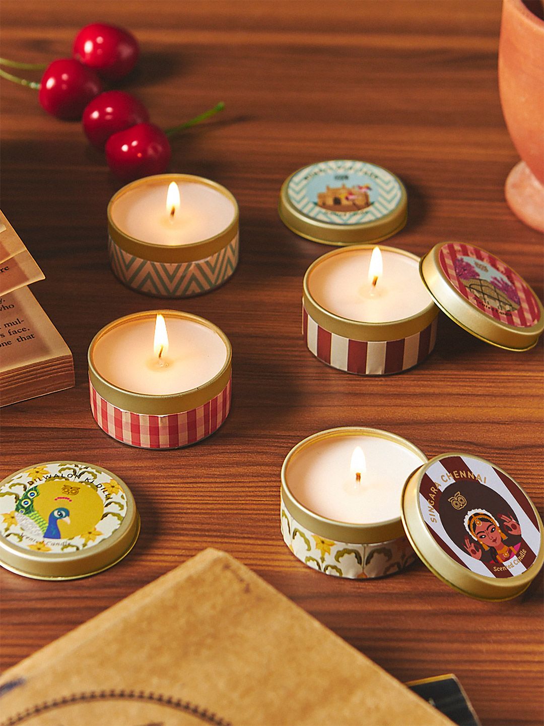 Chumbak Chumbak Cities of India 4Pcs Scented 1 Wick Ethnic Motifs Round Regular Jar Candles