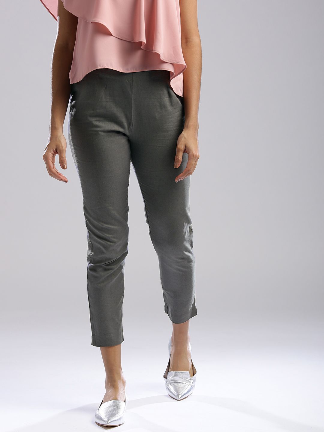 W Women Grey Solid Cropped Casual Trousers Price in India