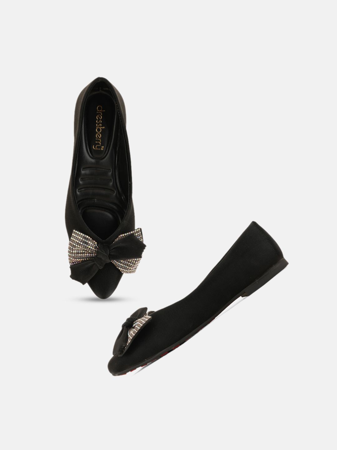 DressBerry Black Pointed Toe Bows Detail Ballerinas