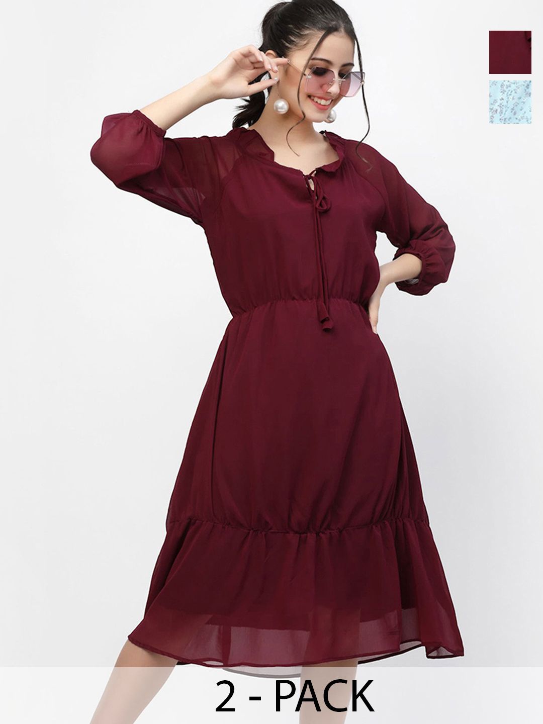 MISS AYSE Pack of 2 Tie-Up Neck Puff Sleeves Fit & Flare Midi Dress Price in India