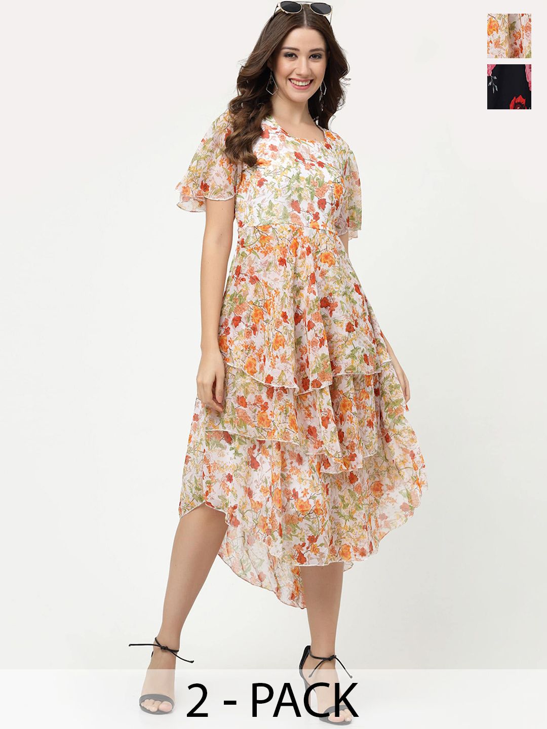 MISS AYSE Pack Of 2 Floral Printed Georgette Fit & Flare Midi Dresses