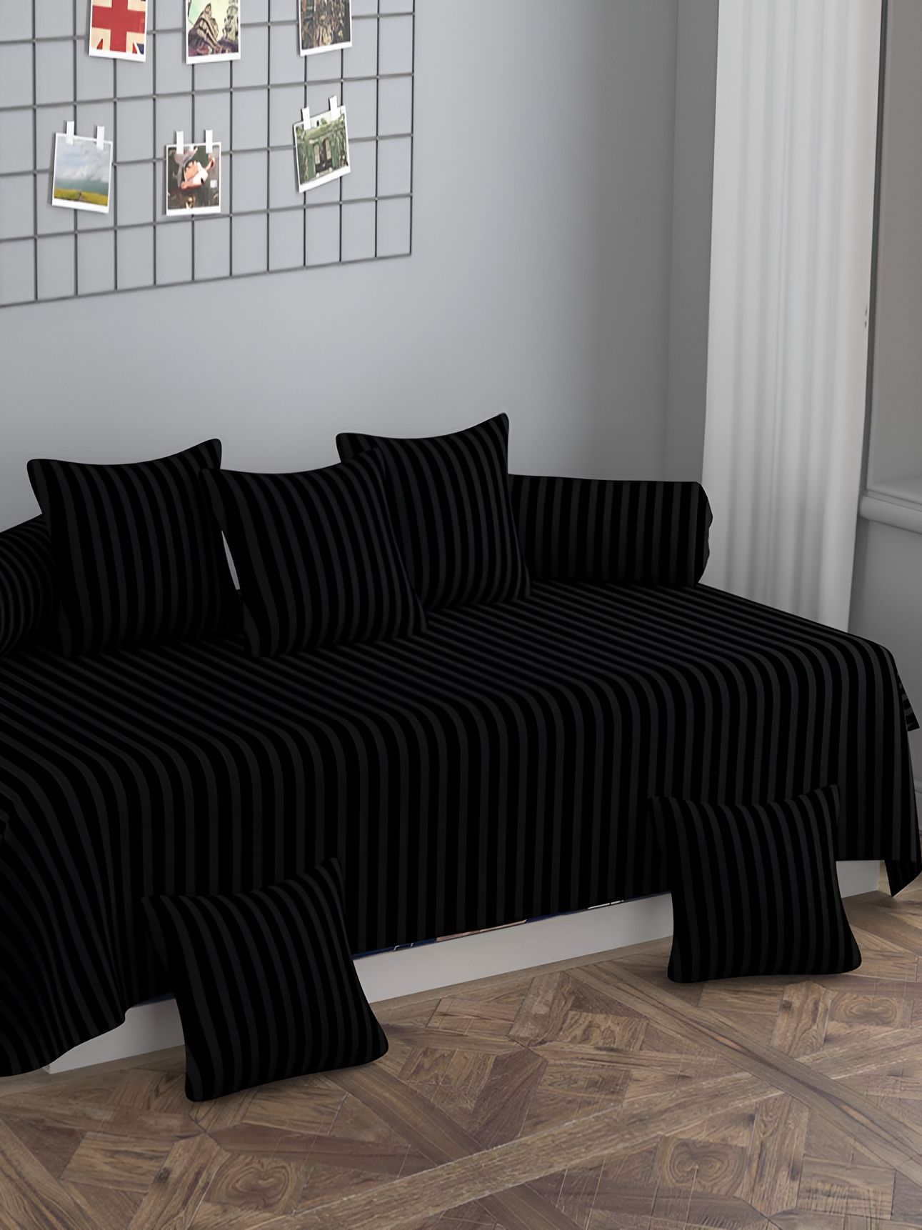 Bajo's Grey & Black 8 Pieces Striped Cotton Diwan Set