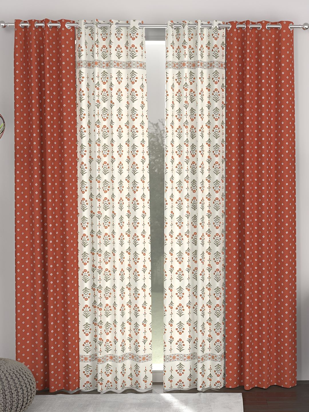 CHHAVI INDIA White & Orange 4 Pieces Floral Sheer Door Curtain