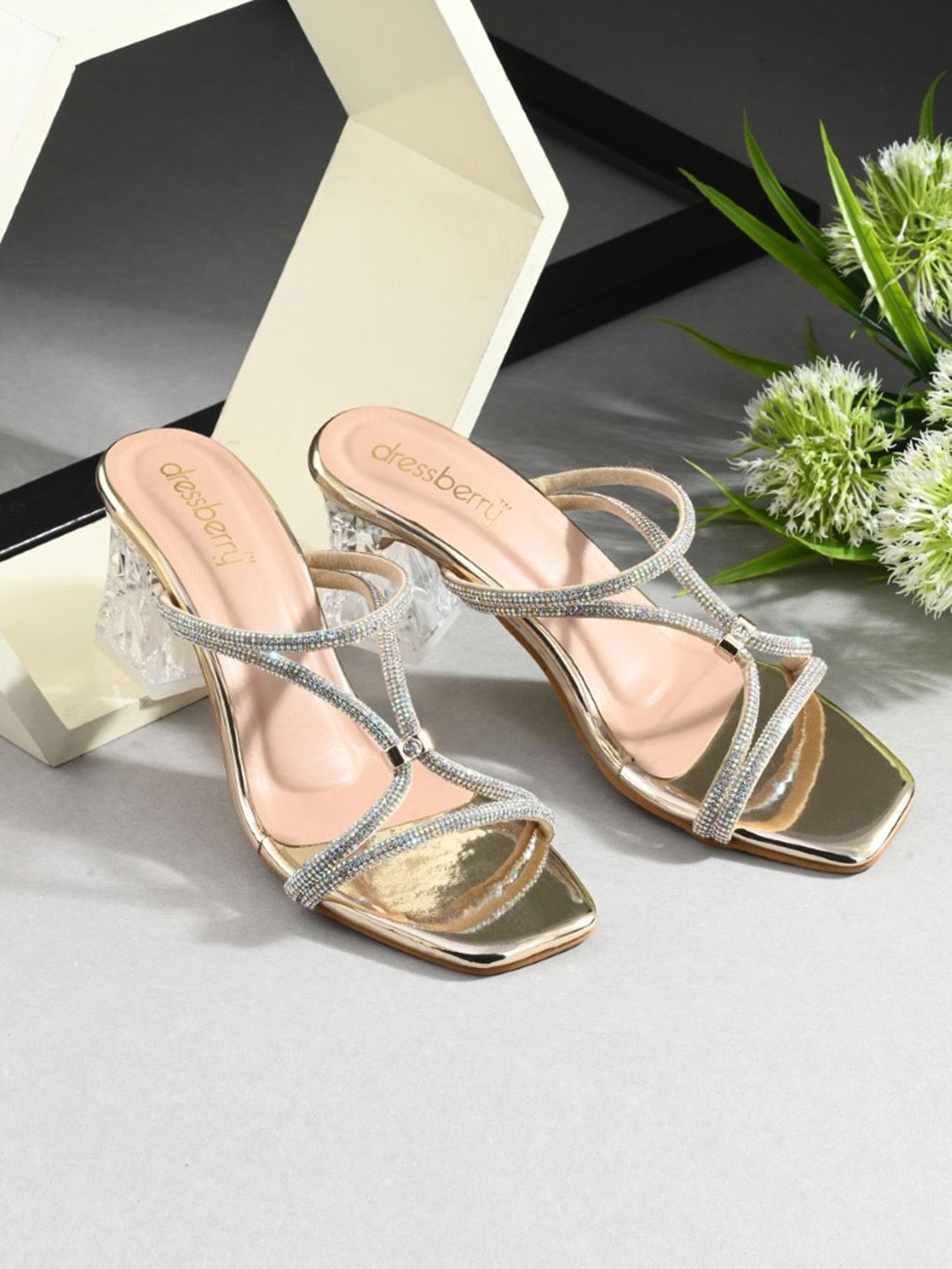 DressBerry Gold Toned Embellished Open Toe Block Heels