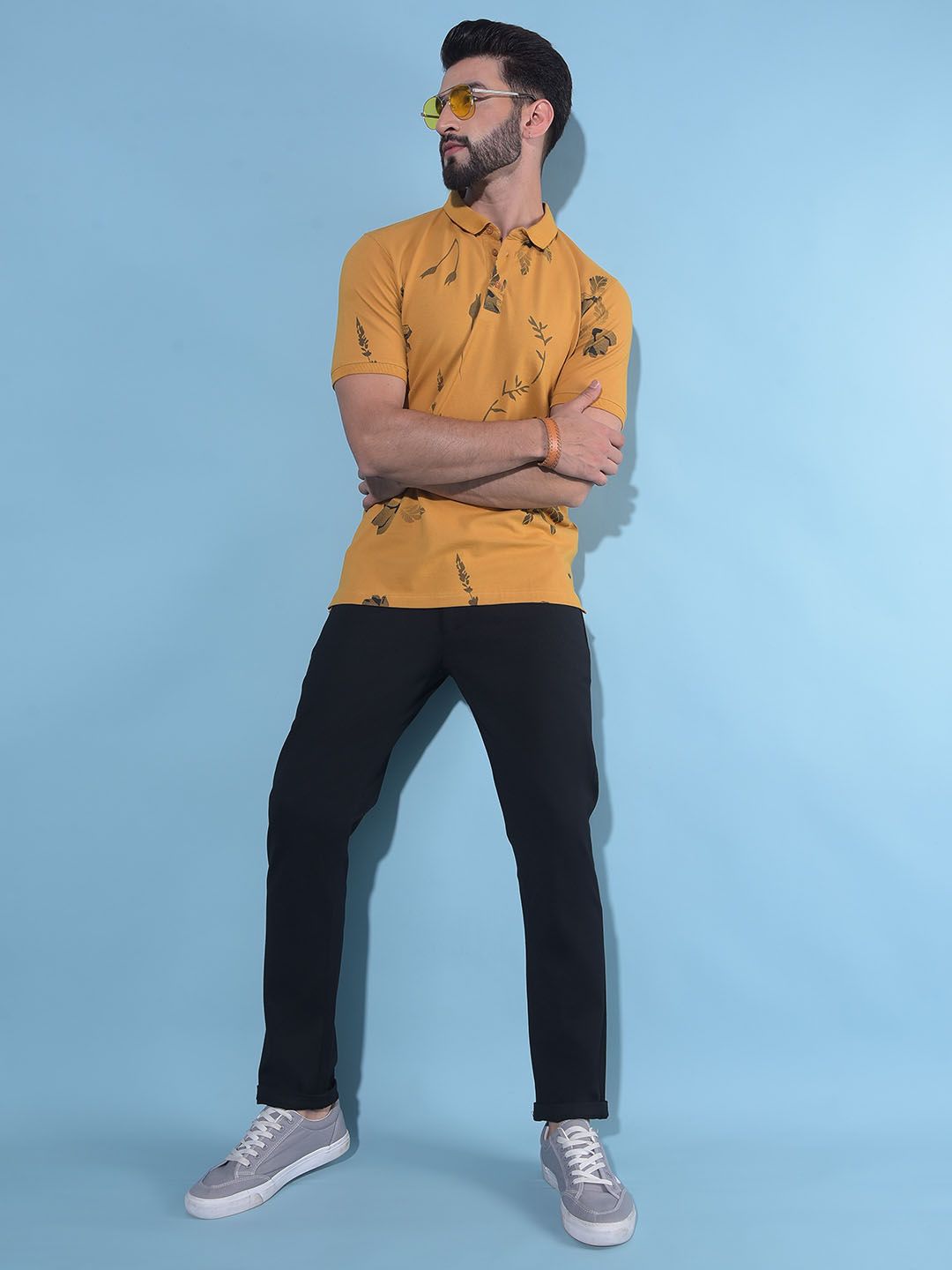 Crimsoune Club Crimsoune Club Floral Printed Polo Collar Short Sleeves Slim Fit Casual T-shirt
