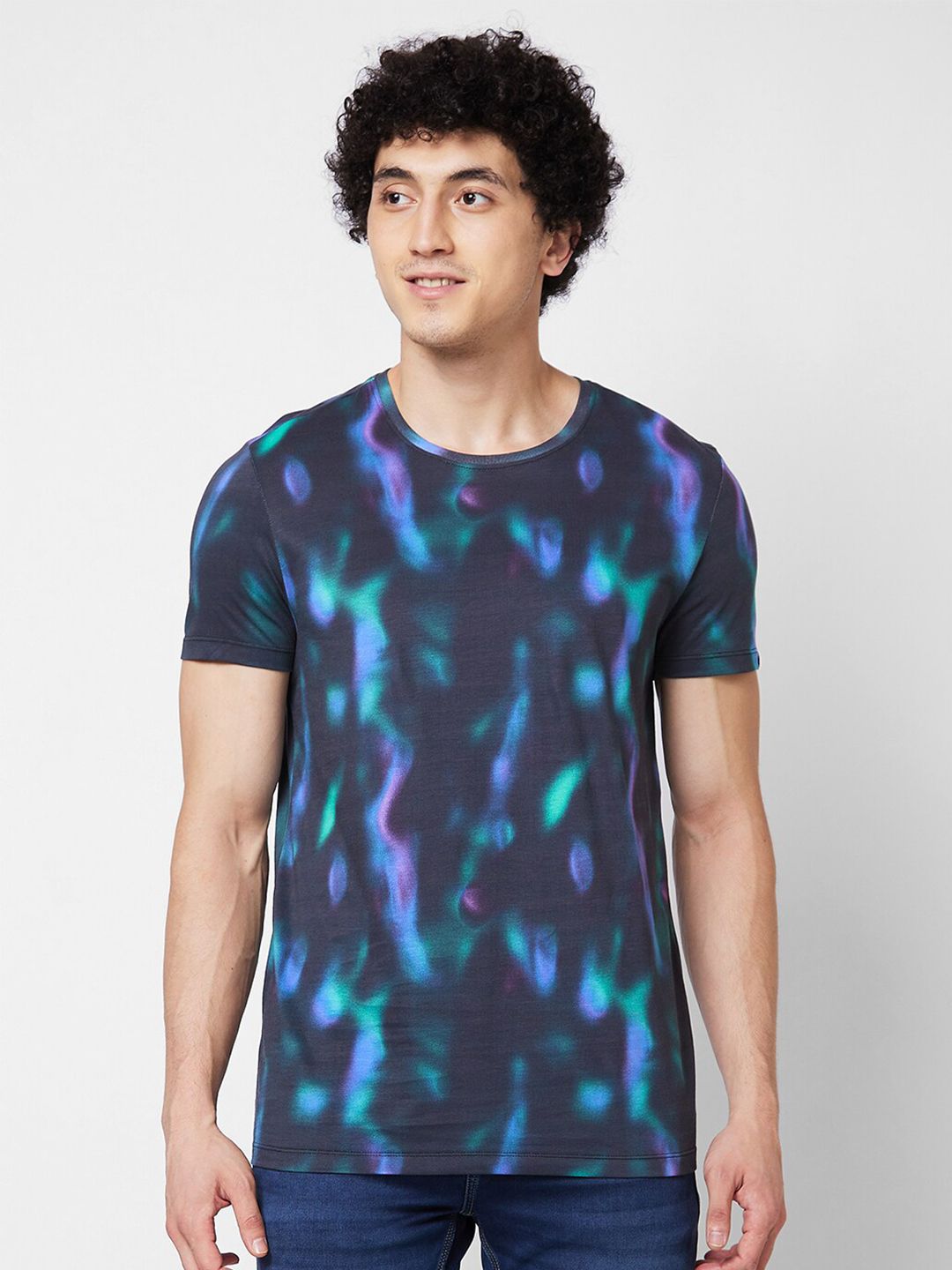 SPYKAR Round Neck Short Sleeves Printed Slim Fit Cotton T-shirt