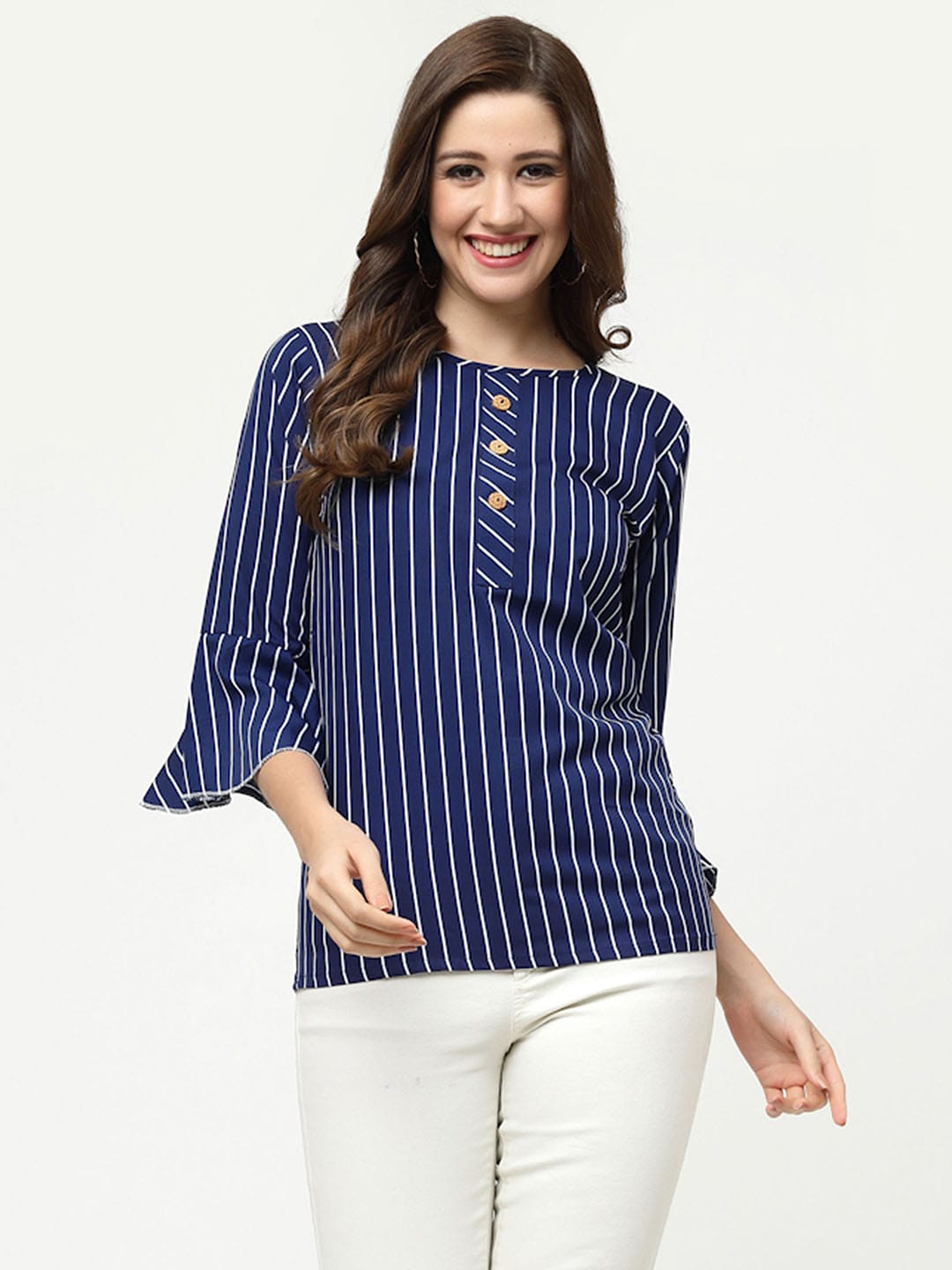 MISS AYSE Pack of 2 Round Neck Striped Bell Sleeve Crepe Top Price in India
