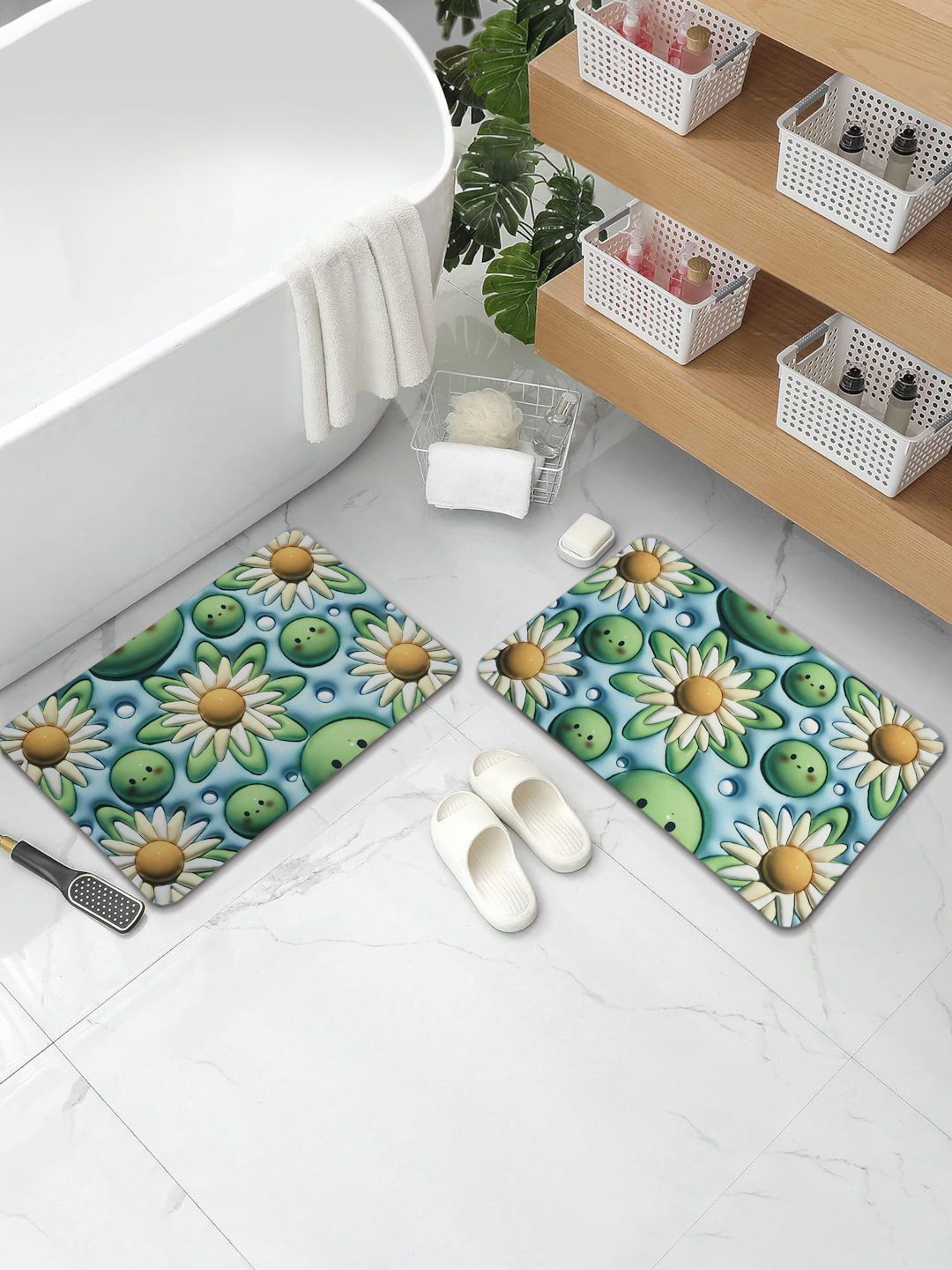 DREAM WEAVERZ Green & White 2 Pieces HD Printed 400 GSM High Water Absorbent Bath Mats