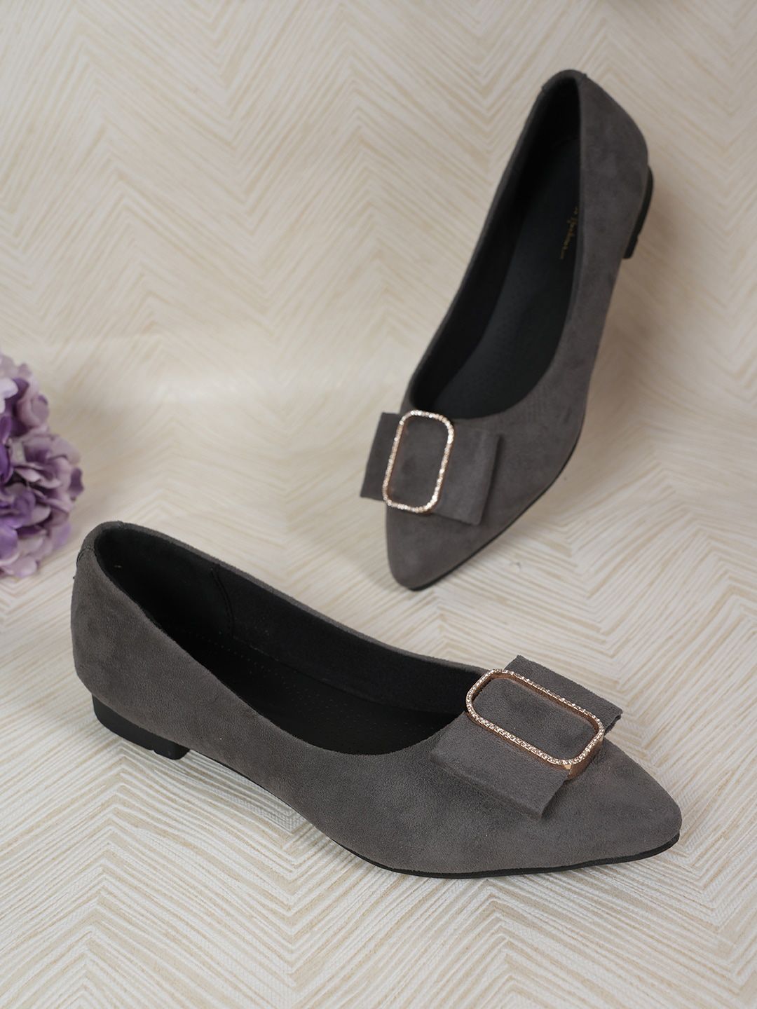 Mast & Harbour Grey Textured Bow Detail Pointed Toe Suede Ballerinas