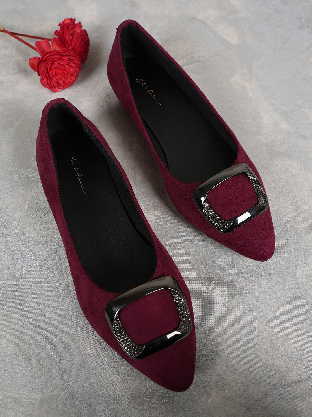 Mast & Harbour Maroon Textured Embellished Pointed Toe Suede Ballerinas