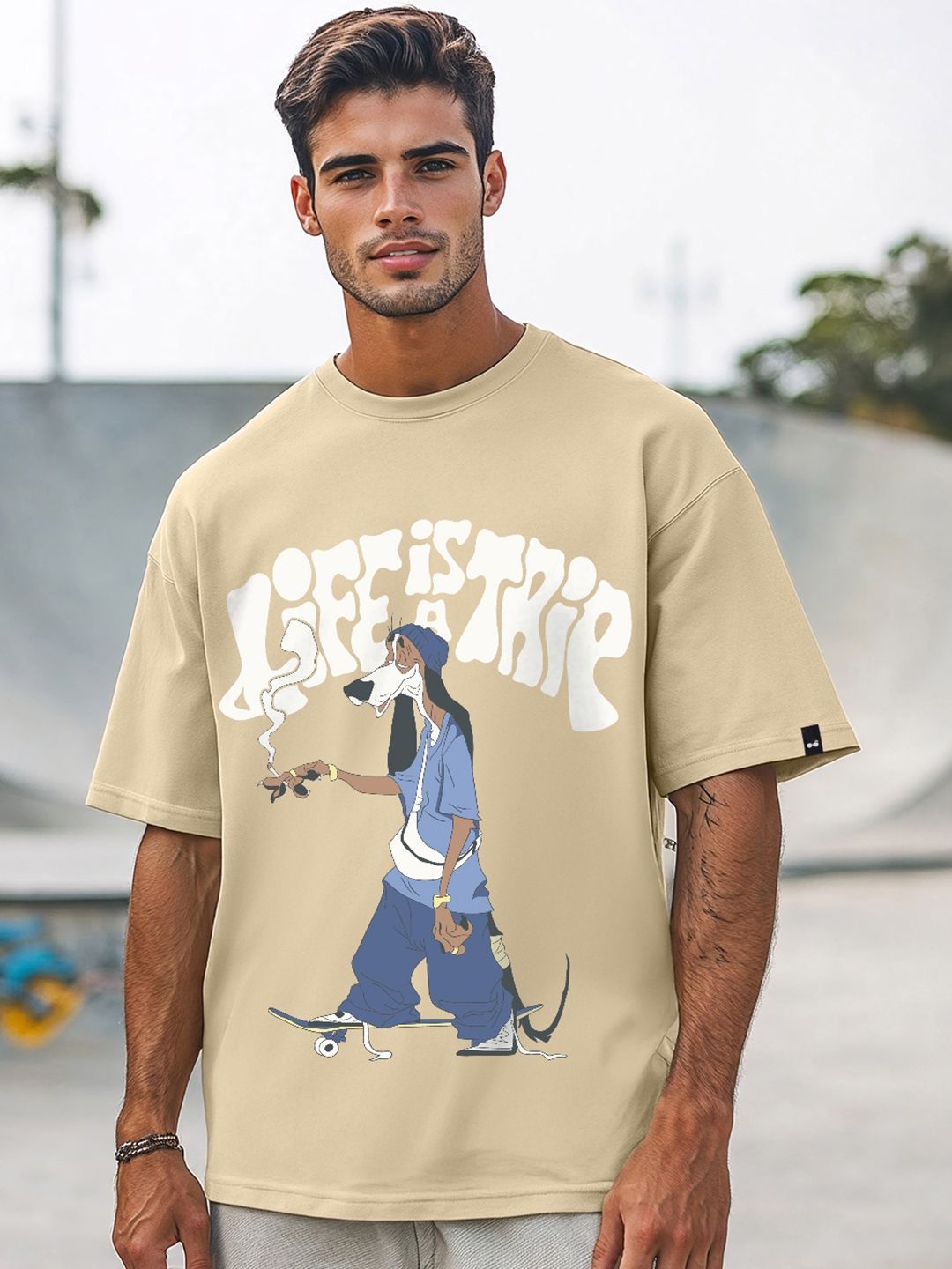 Bewakoof Life is a Trip Graphic Printed Drop-Shoulder Sleeves Oversized Cotton T-shirt