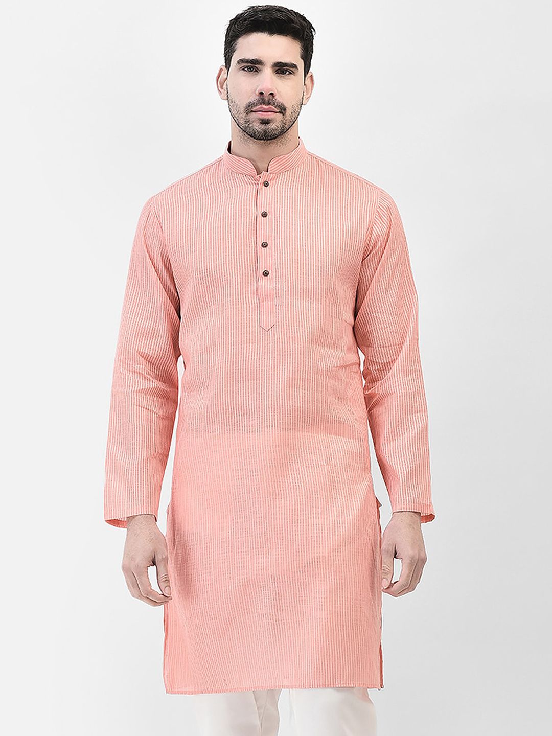 SG LEMAN Striped Mandarin Collar Cotton Silk Kurta