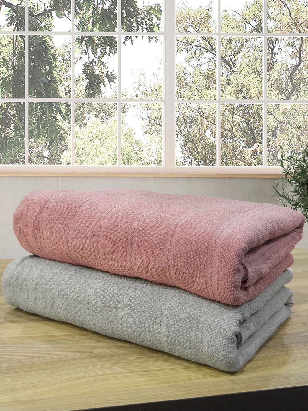 LABHAM Grey & Pink 2 Pieces Striped Cotton 250 GSM Bath Towels