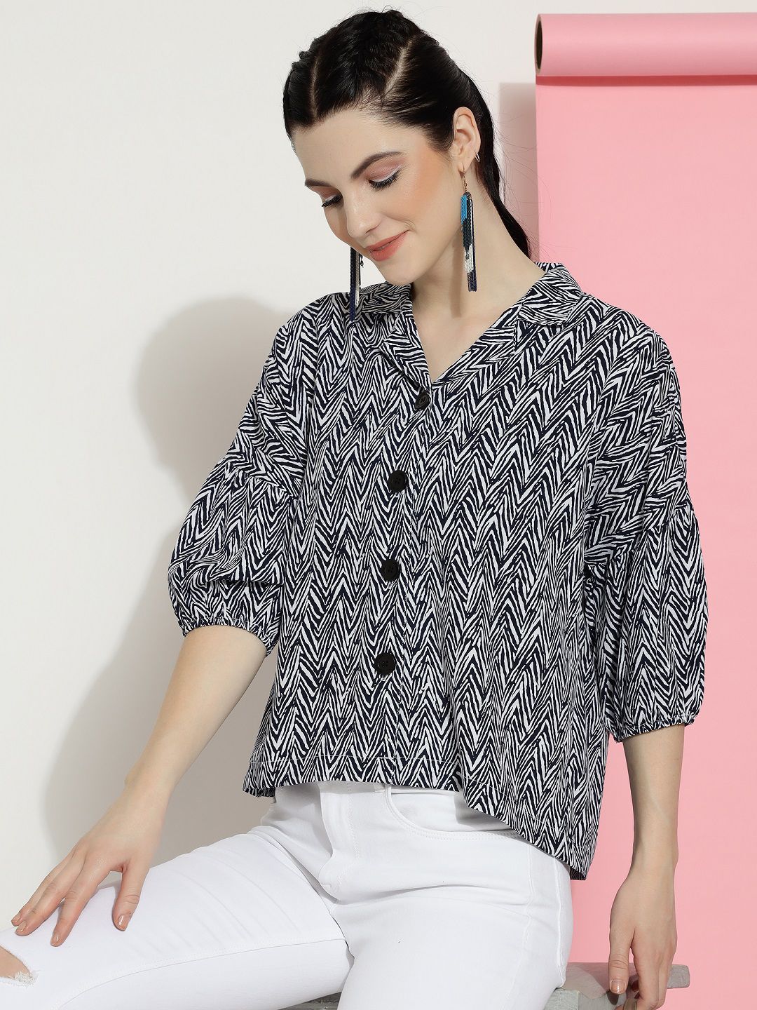 FashionsEye Geometric Printed Shirt Collar Three-Quarter Sleeves Crepe Shirt Style Top