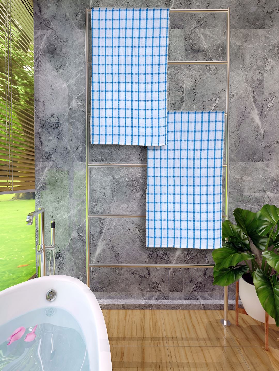 Athom Living White & Blue 2 Pieces Checked Bath Towels