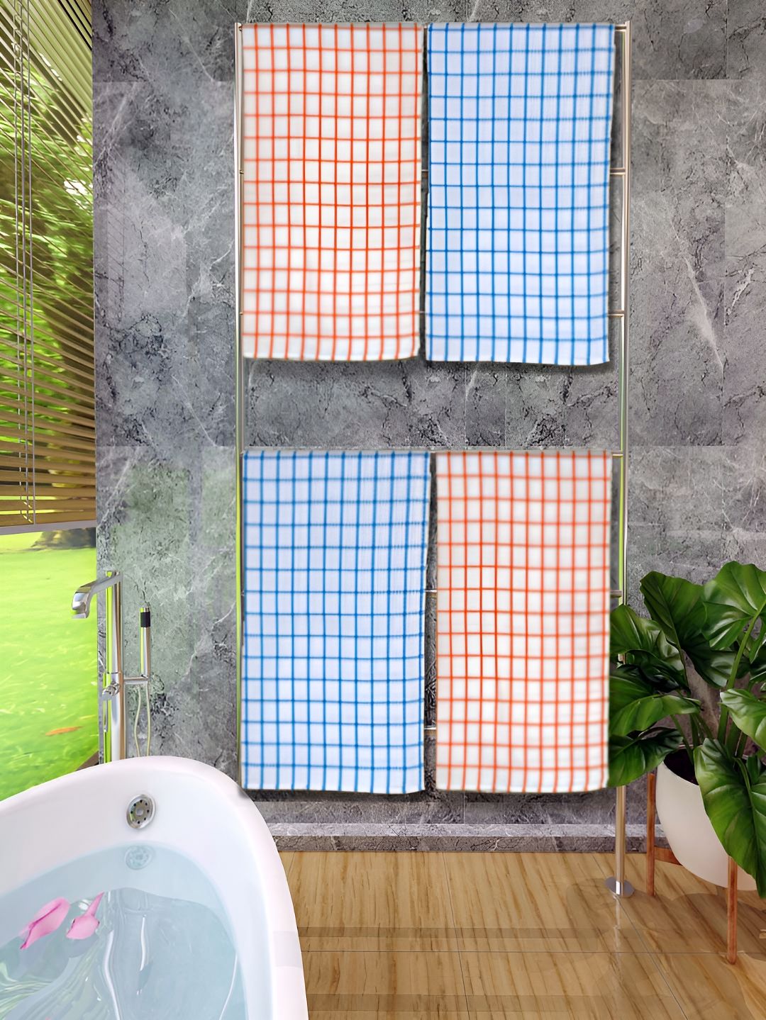 Athom Living Blue & Red 4 Pieces Checked Bath Towels