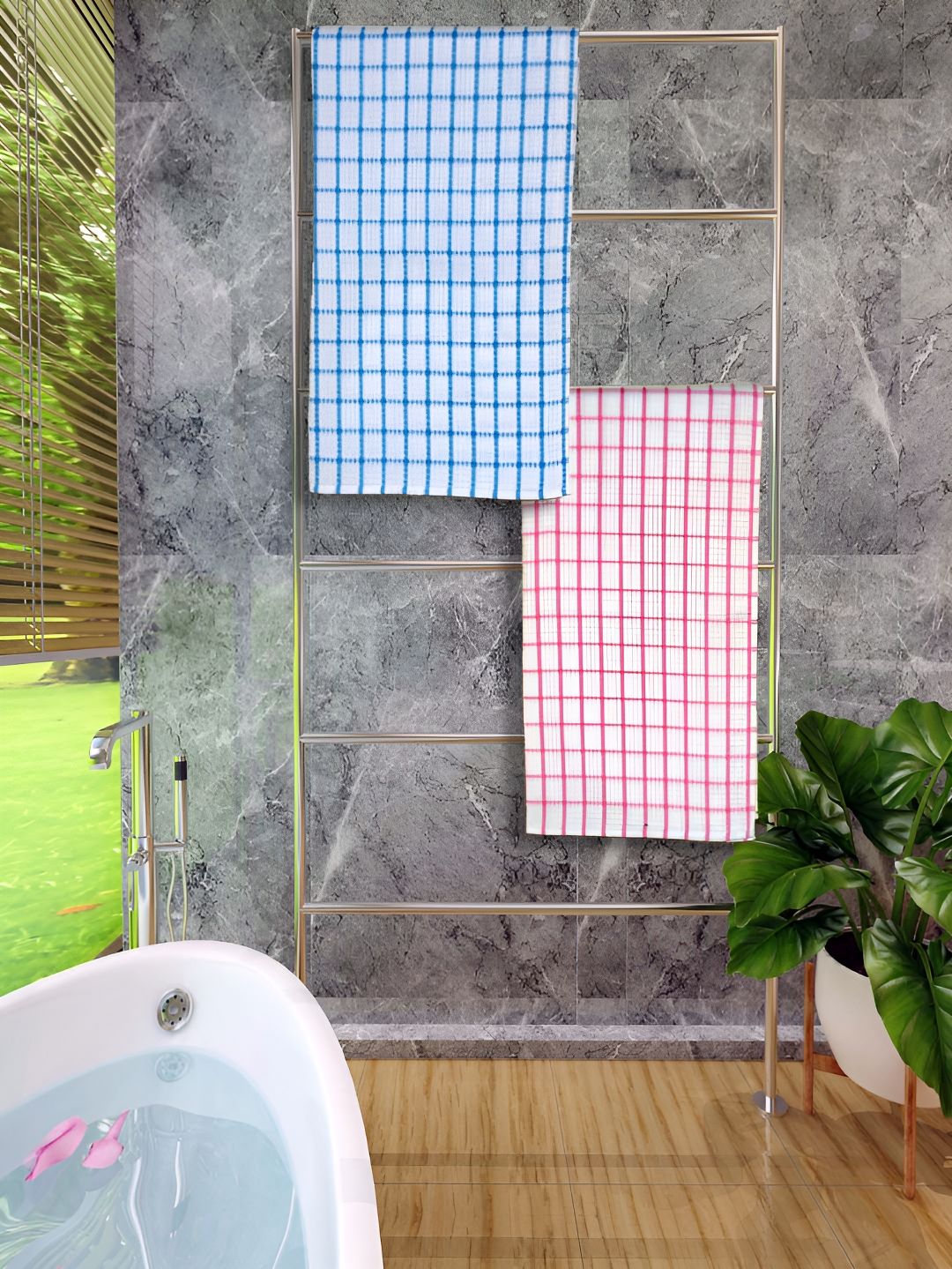 Athom Living Blue & Pink 2 Pieces Water Absorbent Cotton Printed 150 GSM Bath Towels