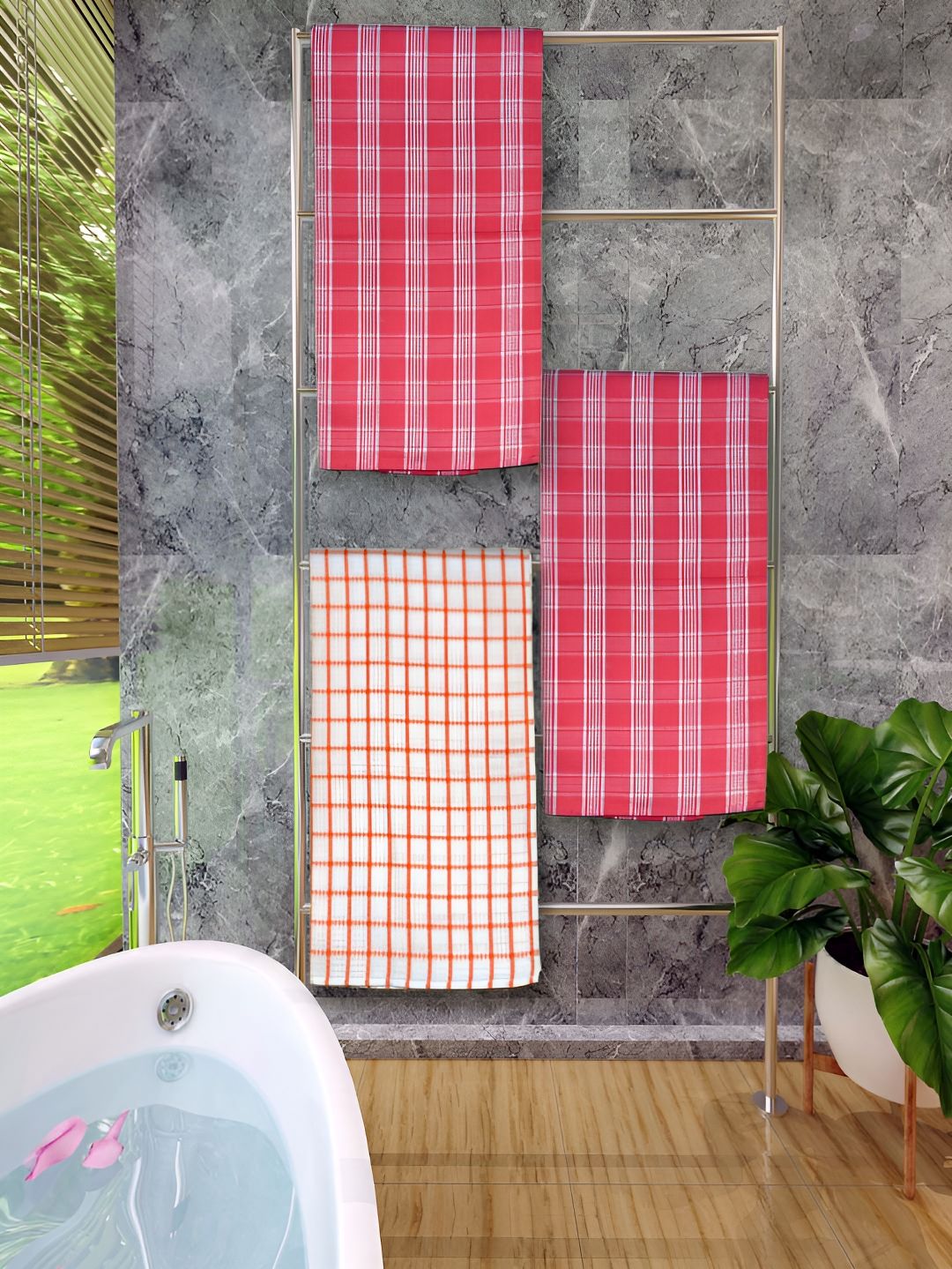 Athom Living Red & White 3 Pieces Checked Bath Towels