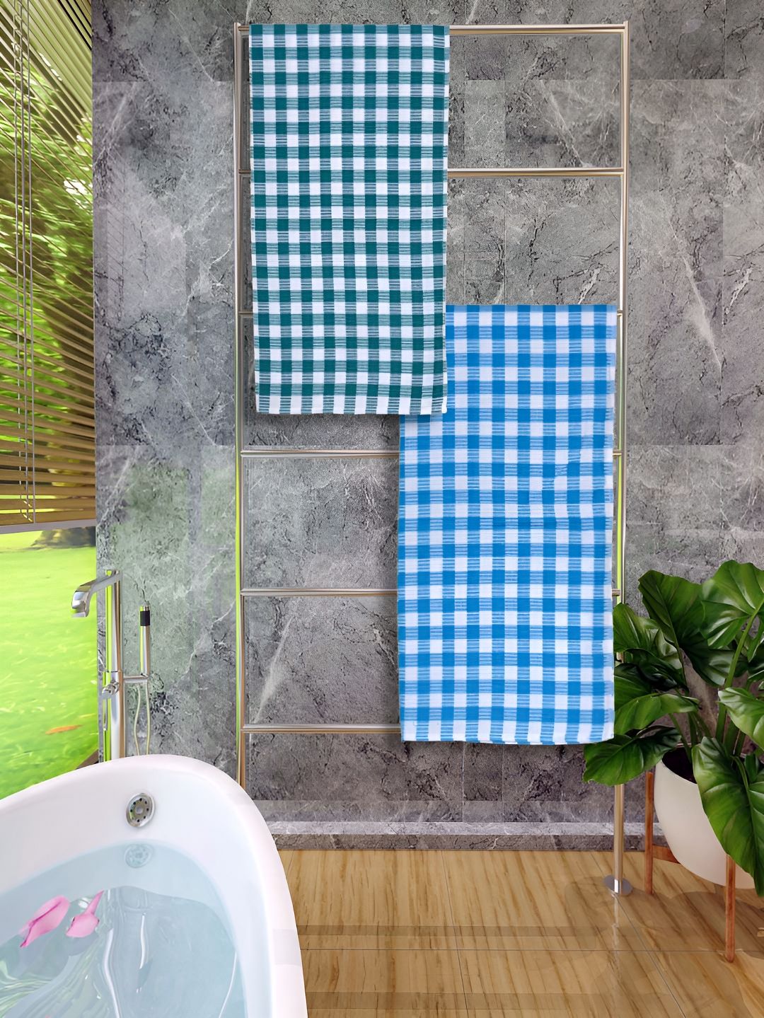 Athom Living Blue & White 2 Pieces Checked Bath Towels