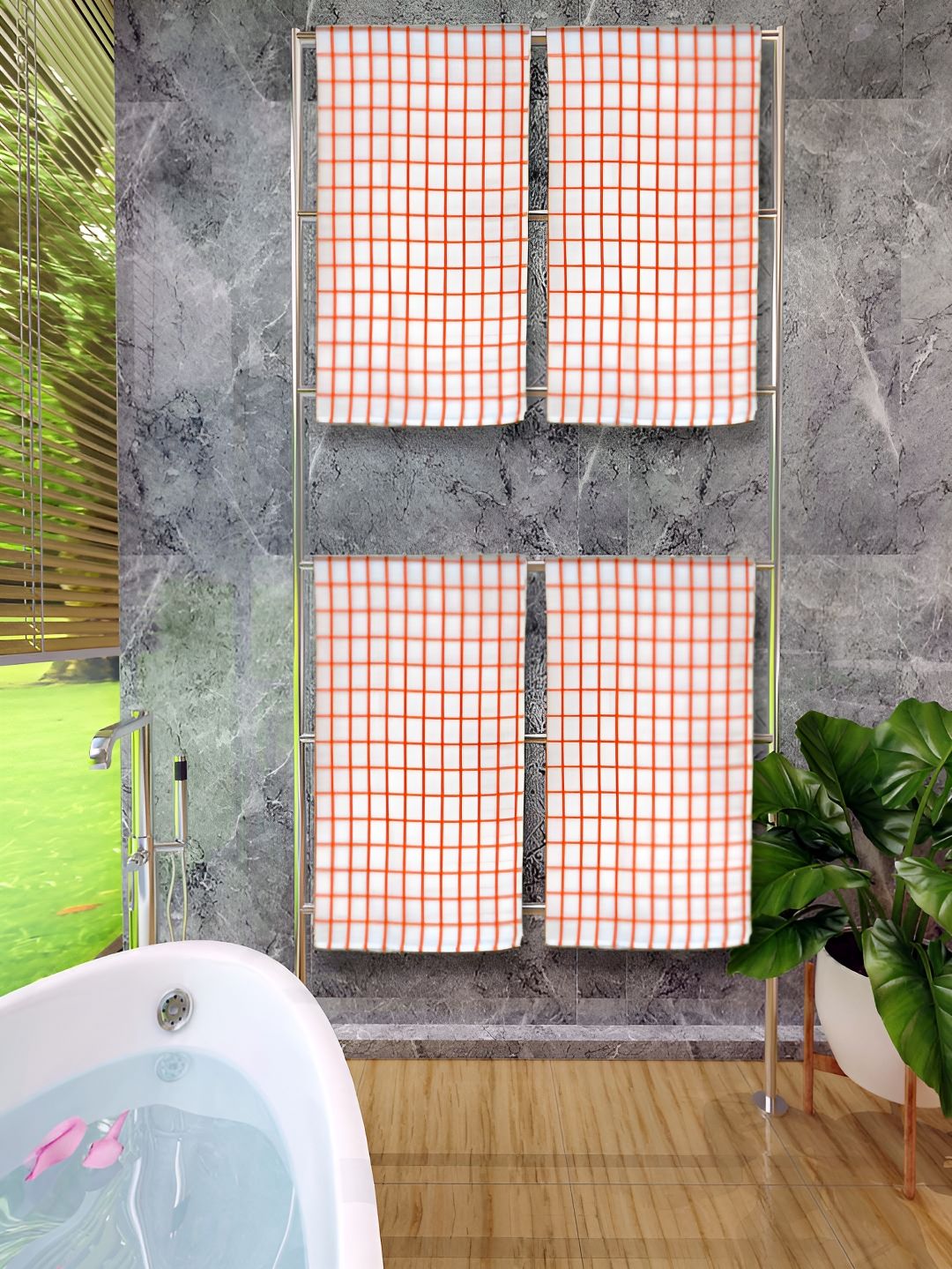 Athom Living White & Orange 4 Pieces Checked Cotton 150 GSM Bath Towel