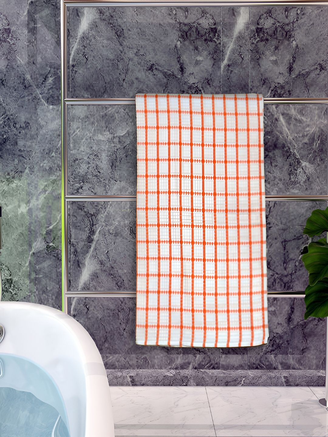 Athom Living White & Orange Checked Cotton 150 GSM Bath Towel