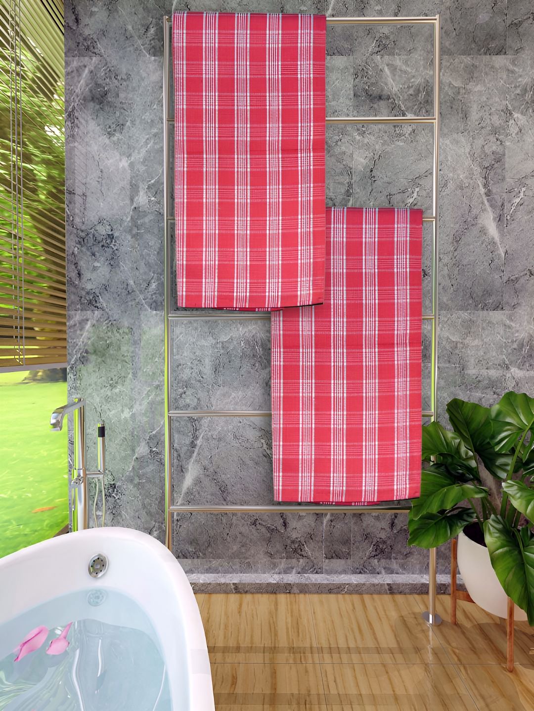 Athom Living Red & White 2 Pieces Checked Cotton 150 GSM Bath Towels