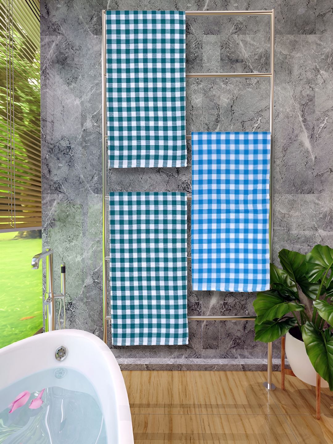 Athom Living Blue & Green 3 Pieces Checked Cotton 150 GSM Bath Towels