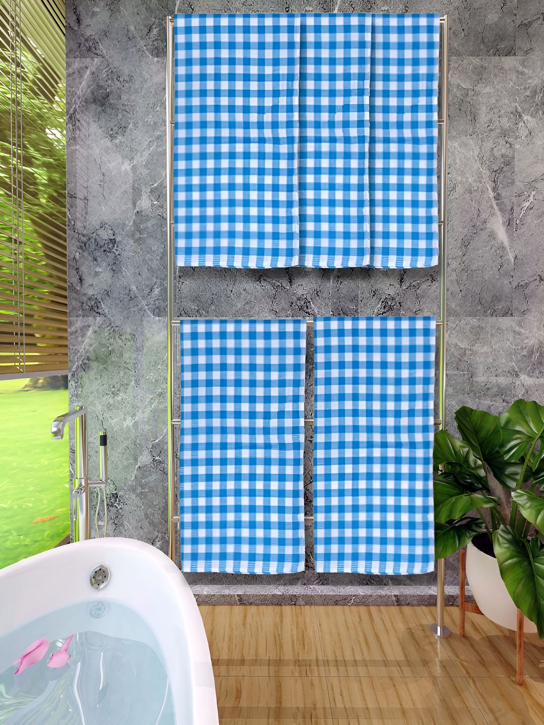 Athom Living Blue & White 5 Pieces Checked Cotton 150 GSM Bath Towels
