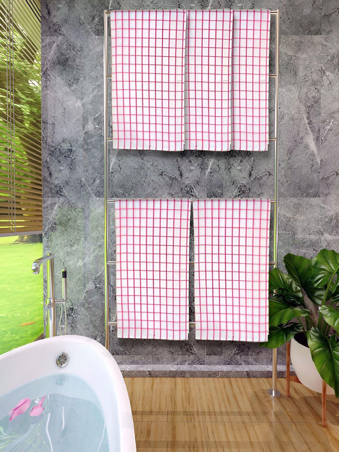 Athom Living Red & White 5 Pieces Checked Cotton 150 GSM Bath Towels