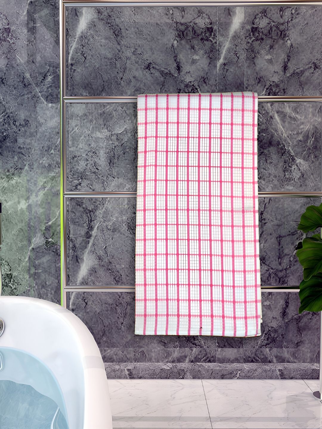 Athom Living Pink & White Checked Cotton 150 GSM Bath Towel