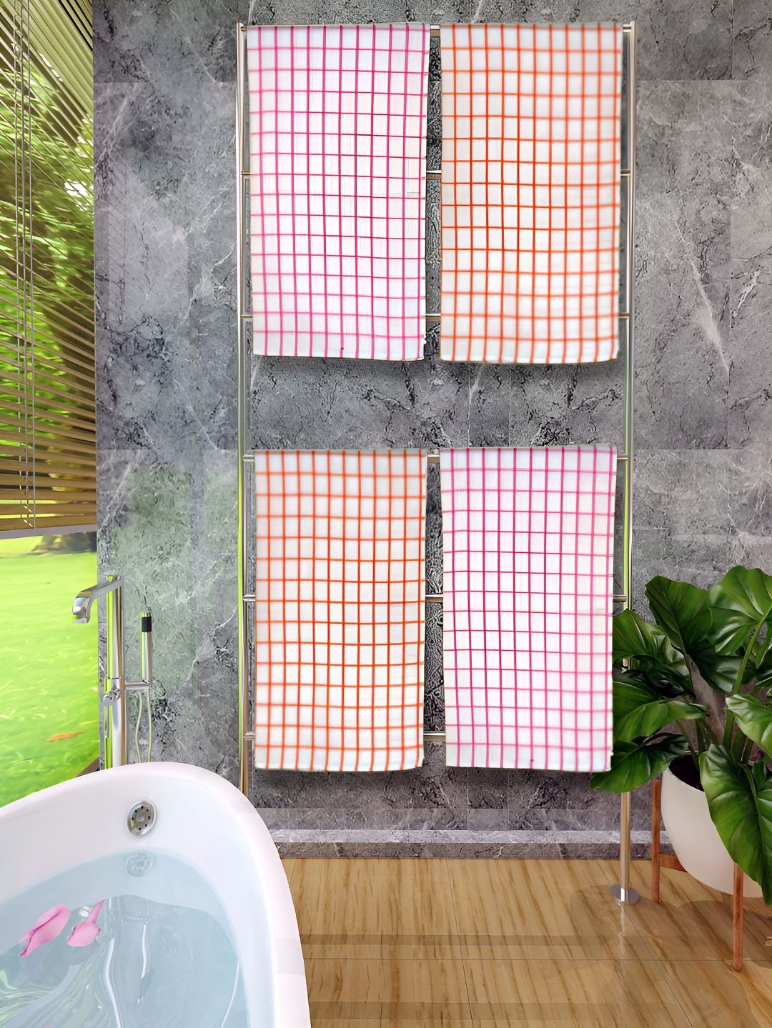 Athom Living Pink & Orange 4 Pieces Checked Cotton 150 GSM Bath Towels