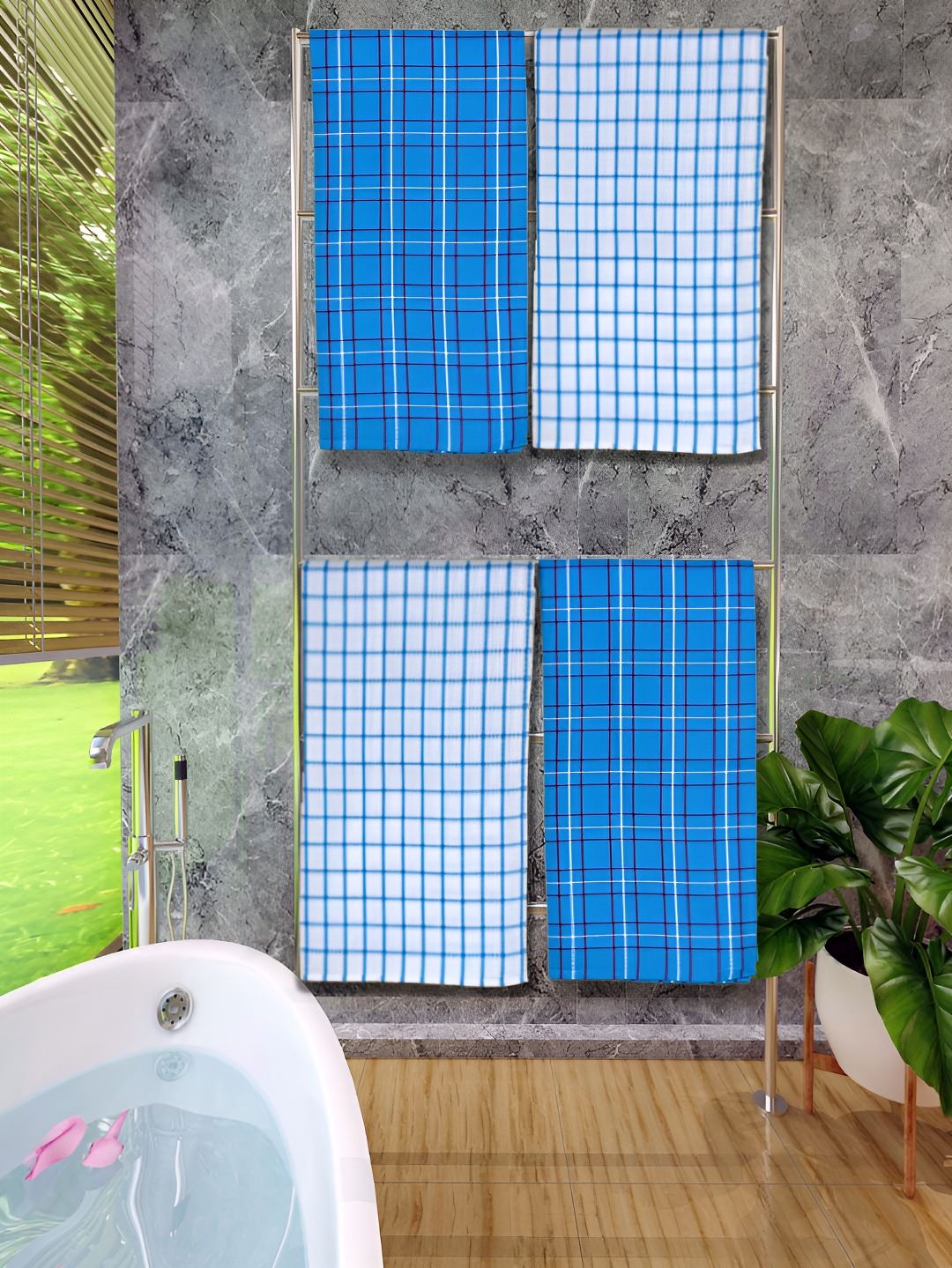 Athom Living Blue & White 4 Pieces Checked Cotton 150 GSM Bath Towels